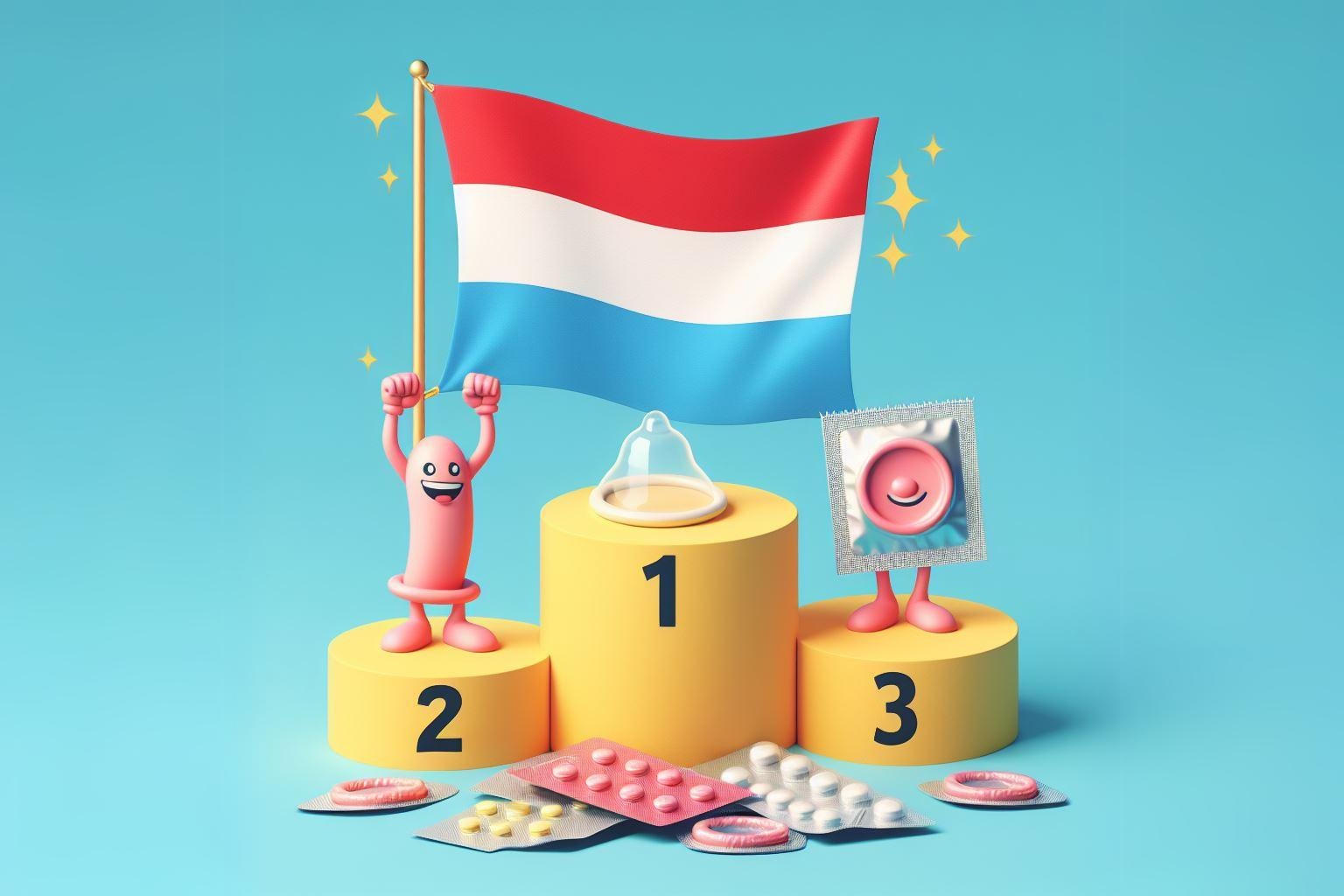 Luxemburská vlajka ako číslo 1 na stupni víťazov v téme antikoncepcie