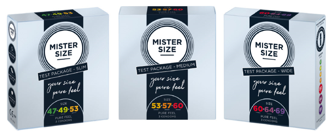 Tri rôzne testovacie balenia kondómov Mister Size